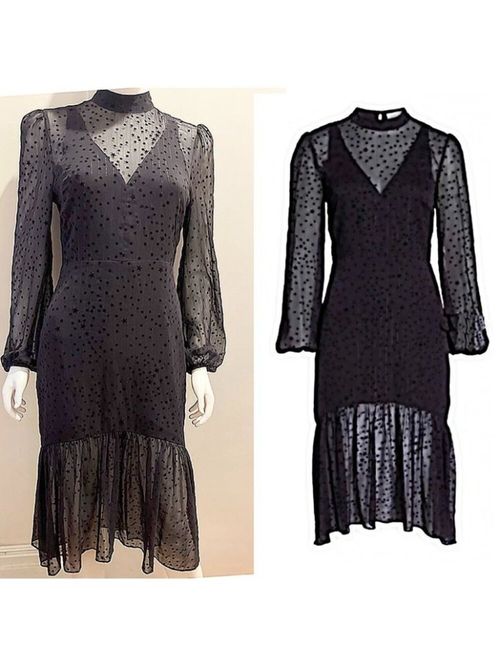 Avec Les Filles dark romantic star print black sheer midi dress, LS, 2